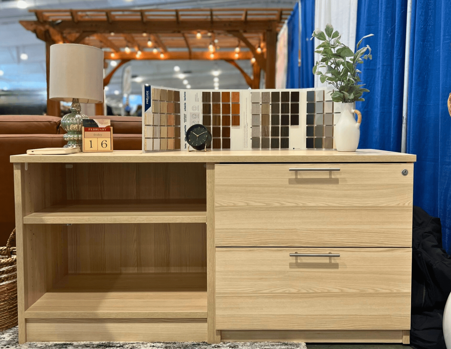 Credenza with open shelves for display and doors for storage, featuring a variety of finishes.