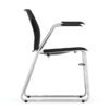 Side view of the black stackable guest chair with chrome frame and armrests