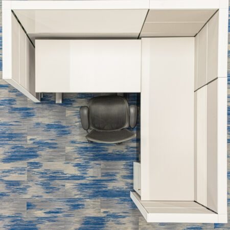 Aerial view of the Herman Miller Canvas workstation, showing the 6'x6' layout and 57" panels.