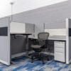 Full view of the Herman Miller Canvas workstation, 6'x6' size, artic white frame, black and gray tiles.